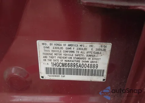 2005 Honda Accord 3.0 Ex z USA, uszkodzony, nr VIN 1HGCM66895A004889